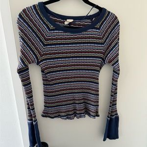 Free People Small Bell Sleeve Striped Shirt Button Sleeve Long Sleeve Shirt